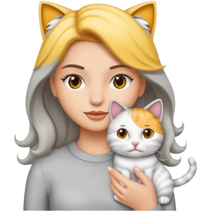Haz una imagen estilo emoji de iPhone con una chica blanca de cabello ondulado claro tomando en brazos a su gato gris con blanco emoji