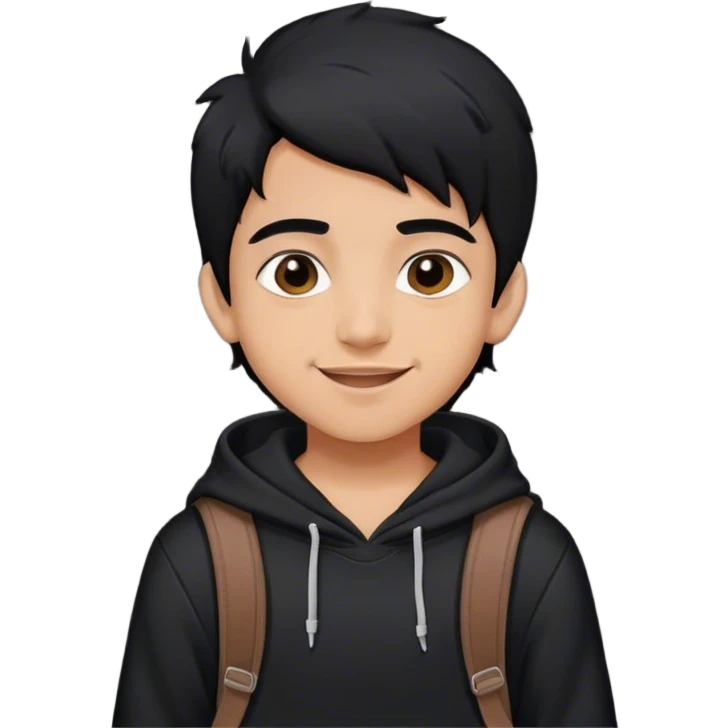 Cheerful white Indian teenager boy with black hair . He's wearing a black hoodie and bag on back emoji