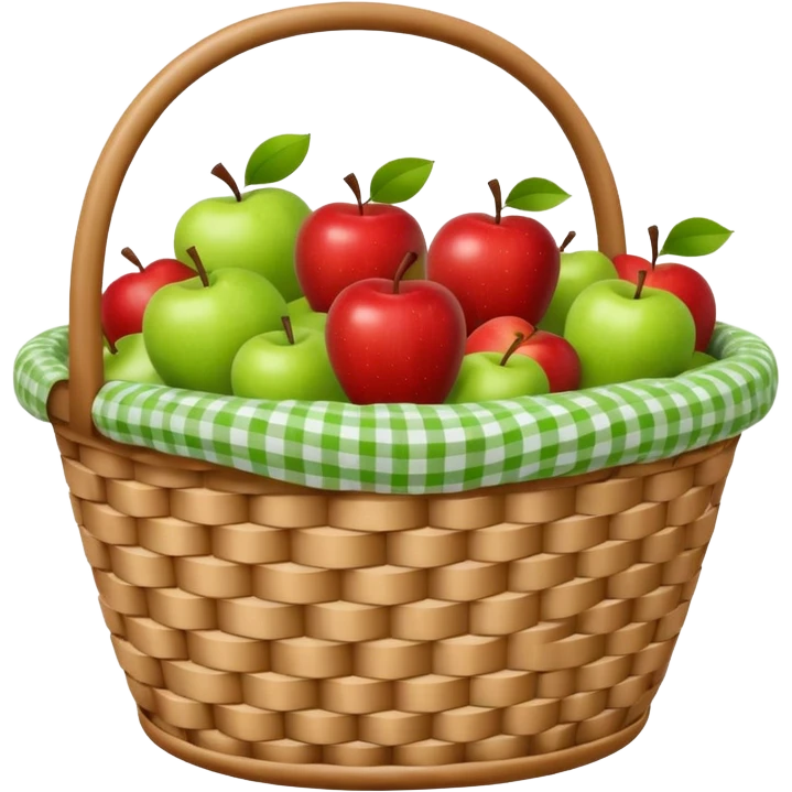 woven basket with apples and white checkered cloth on a white wooden chair, green emoji