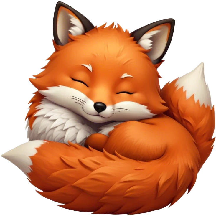 Cinematic cute sleepy fox, curled into a cozy fluffy ball, warm glowing fur, tiny black nose resting on its tail, soft breathing visible, peaceful and charming. emoji
