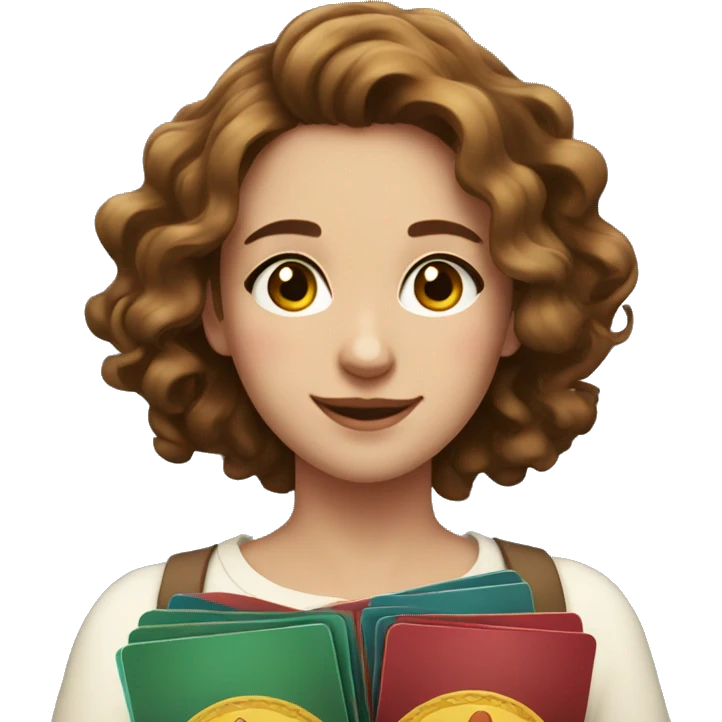 a young woman with wavy brown hair. She has a friendly expression and is holding several ornate cards emoji