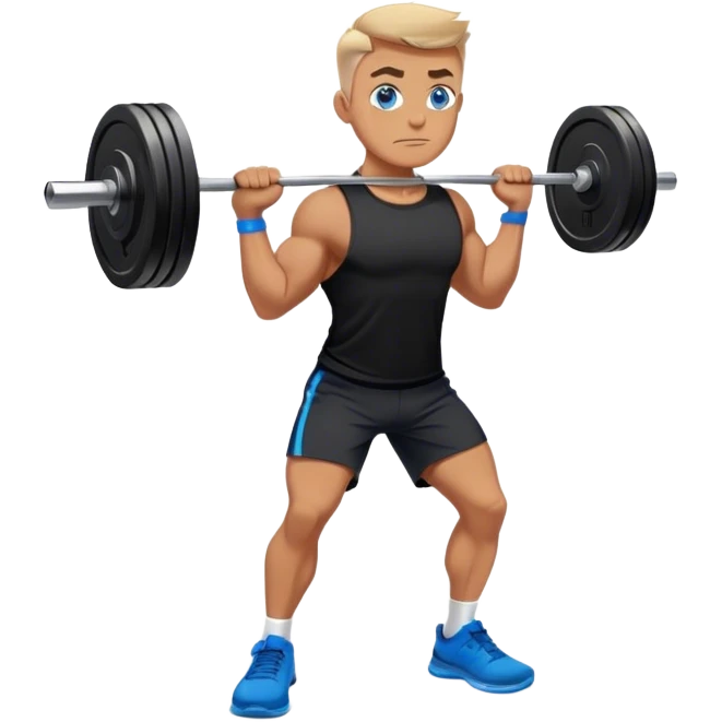 tanned man colored eyes black shorts black t shirt blue shoes barbell squats emoji
