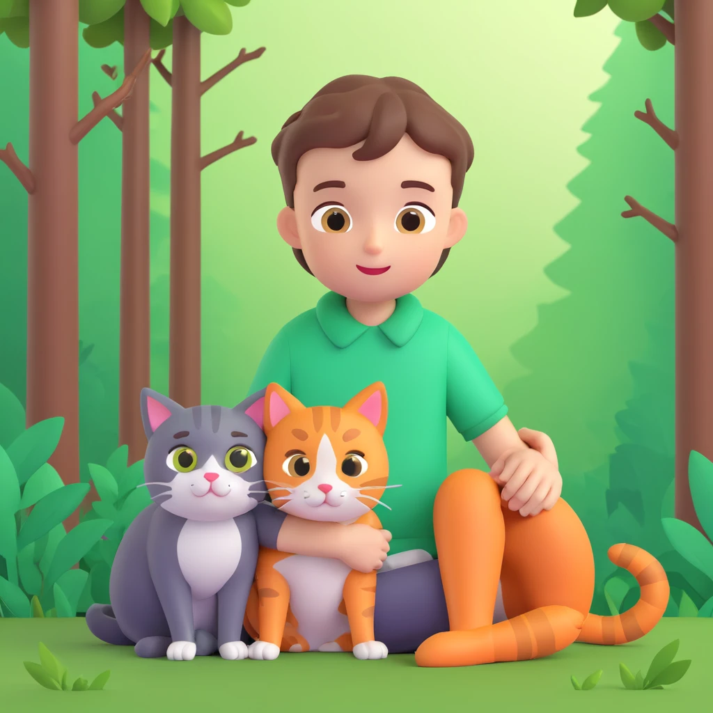 boy and cat pet in forrest background, close up pose emoji