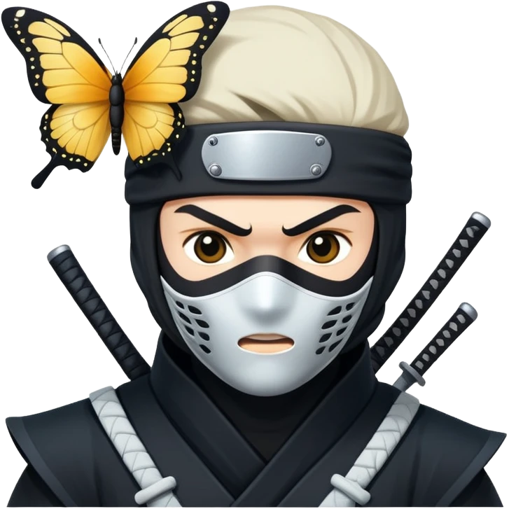 Crea una imagen con estos dos emoji 🥷🏻🦋
él ninja de piel blanca con la mariposa posada en cabeza como si estuviera volando. emoji