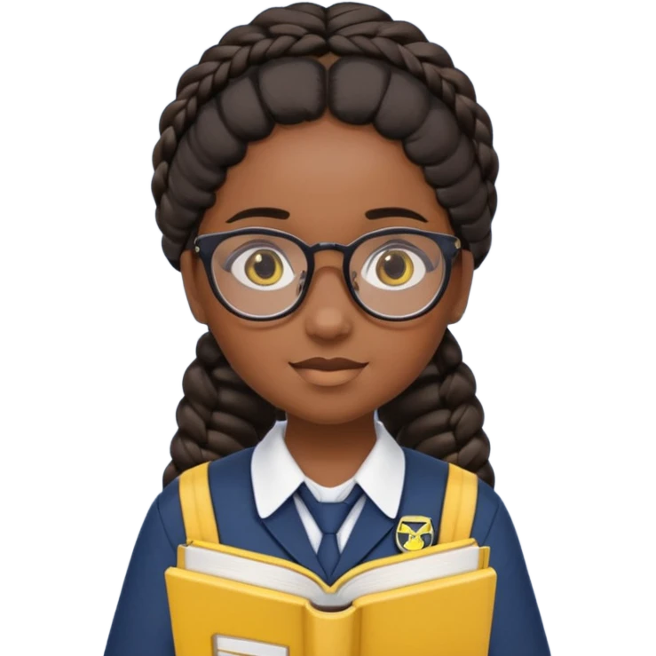 Girl student wearing uniform, glasses, hold yellow book in front of their chest, black braided hair, dark skin emoji
