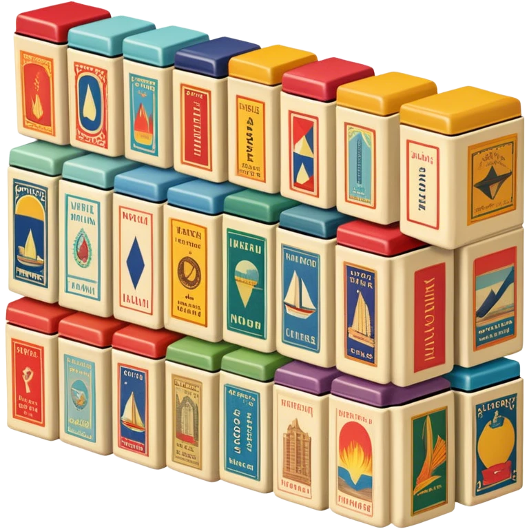 Icon for Matchbox Collecting: a collection of vintage and colorful matchboxes from different places, neatly displayed in a row or in a display case. The icon should reflect the uniqueness and diversity of matchbox collecting. Transparent background. emoji