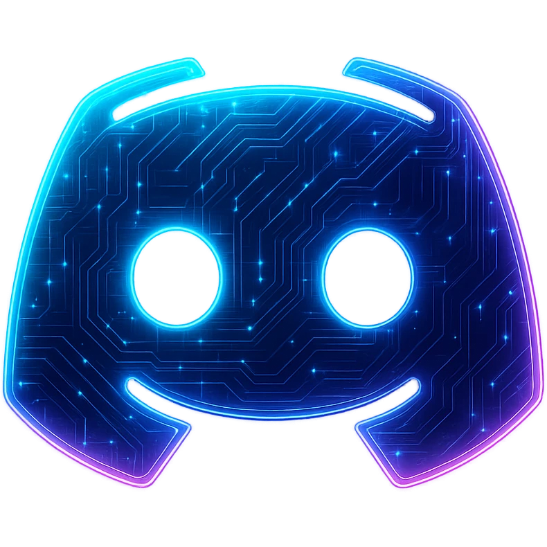 Transform the Discord logo into a cyberpunk, holographic style with glowing neon blue and pink edges, circuit patterns throughout the logo, and a transparent background. Maintain the recognizable Discord mascot shape, overlaying neon and circuit effects in the same futuristic, clean cyberpunk style with consistent glow and intricate circuit details. emoji