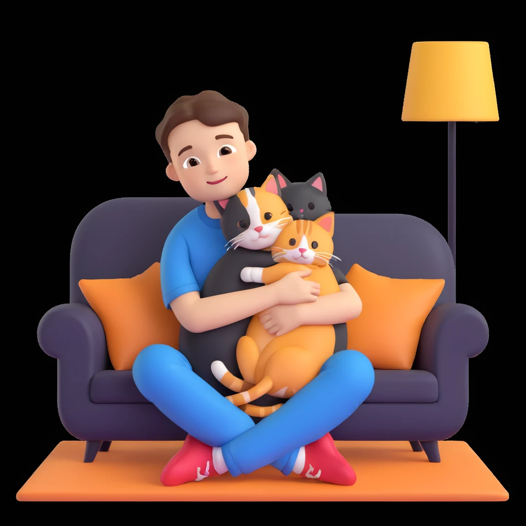 boy and cat pet, living room background emoji