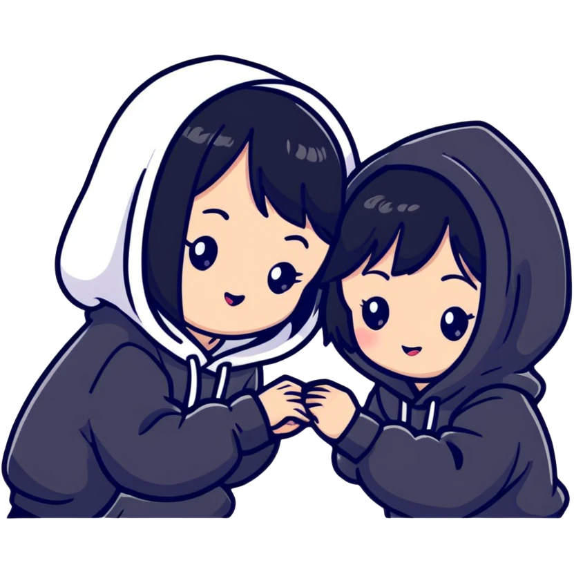 Two adorable Japanese girls with black hair wearing casual Western clothing like hoodies or blouses, their cheeks touching, kawaii style emoji