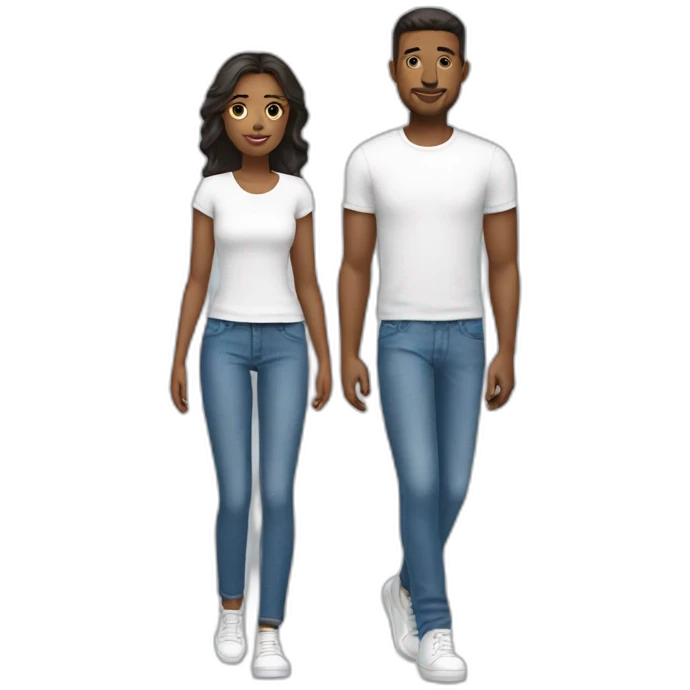 Couple wearing white tshirt blue jeans and white shoes emoji