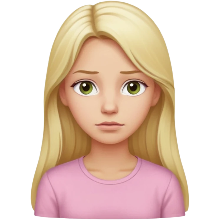blonde with long hair and swamp-colored eyes, wearing a pastel pink shirt, thoughtful expression, iOS Apple emoji style emoji