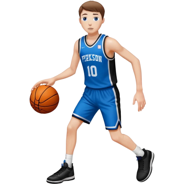 Tall, white, skinny, playing basketball, brown short hair, blue eyes, wearing black uniform
 emoji