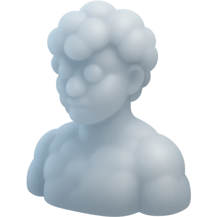 person made entirely of white fluffy convex clouds, shoulder up, front view, matte glass style emoji
