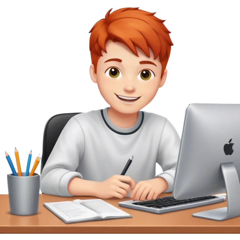 Redhead college programmer boy sitting at a desk and smiling emoji