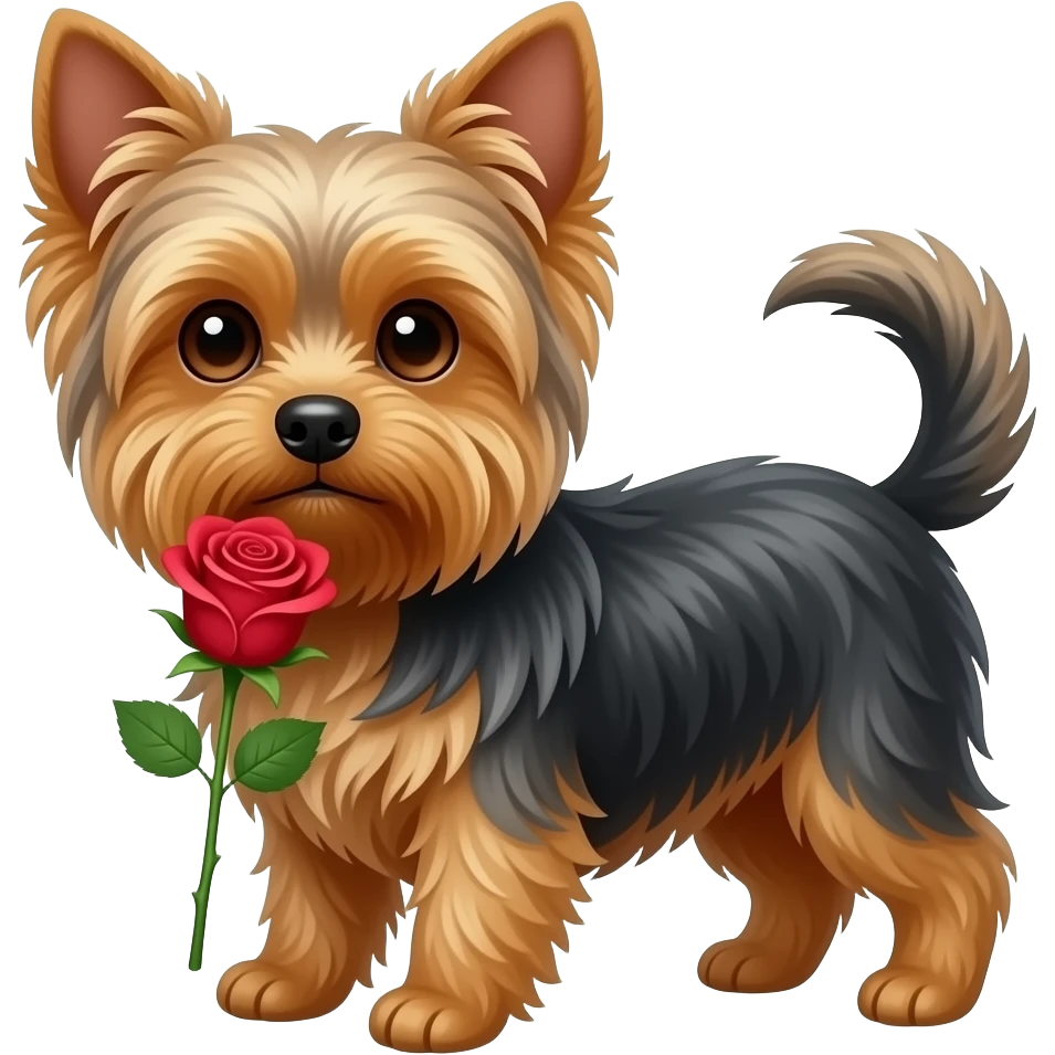 Yorkie dog with long ears long tail holding a rose emoji