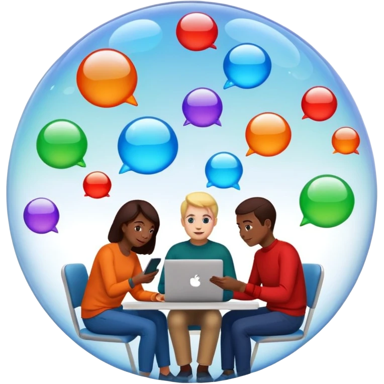 Multiple people inside colorful transparent bubbles, each using a smartphone or laptop. The bubbles are blue, red, orange, and green, with a minimalist cityscape in the background. Realistic emoji style. emoji
