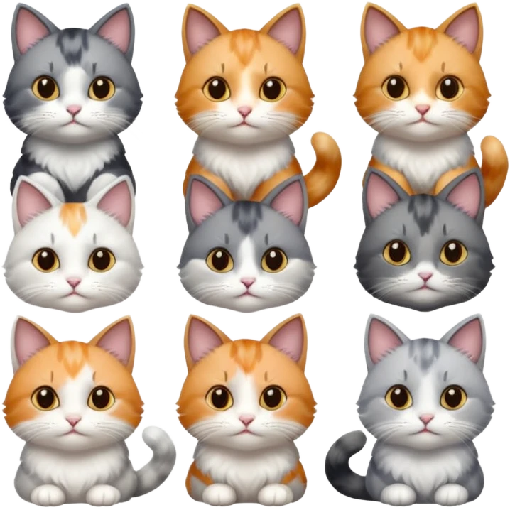 6 realistic looking cats with different natural coloured coats, assorted grey and white, greys, calico colours etc
 emoji