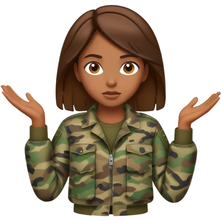 brown-skinned girl in camouflage, brown hair, shrugging emoji