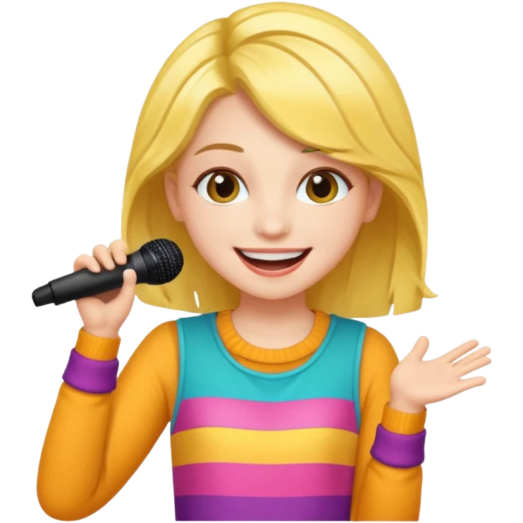 A cheerful teen singer with colorful outfit, performing with big smile.
 emoji