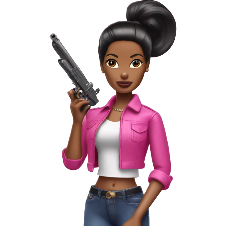 black hair ponytail barbie holding a toy gun emoji