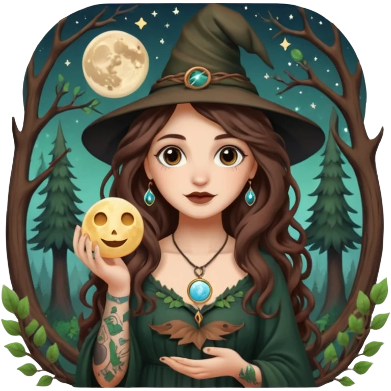 cute forest witch woman long wavy brown hair tattoos holding tiny moon emoji