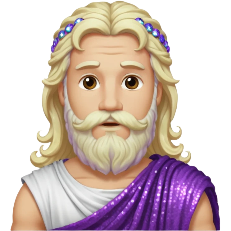 Jupiter, God of Sky from Roman Deities with long white blonde wavy hair and beard, purple sequin toga emoji