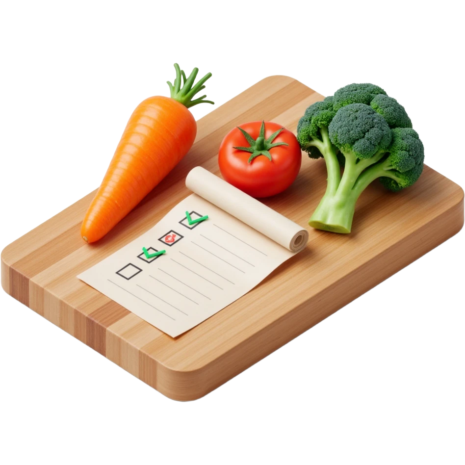 carrot tomato brocoli on the wooden cutting board with floating rolled paper list with checkbox emoji