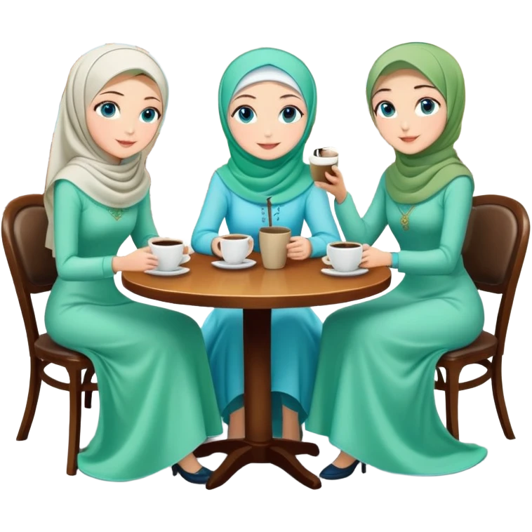 Turkish beautiful finish Konya girls blue eyes with Beautiful light green hijab long tail dress and the two friends in a coffeehouse sits on the chair on the ground and holds cup coffe with her hand  emoji