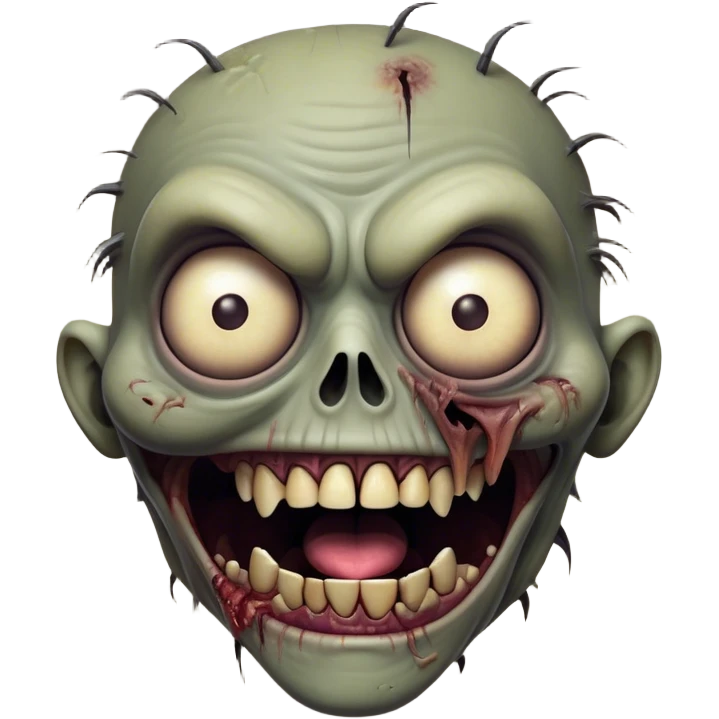 Cinematic Comical Zombie Portrait Emoji, with a grotesquely exaggerated yet playful decaying face in muted ashen tones, head cocked in a dramatically shocked expression with wildly comical, googly eyes and a gaping, silly grin revealing quirky stitches, simplified yet hilariously expressive, highly detailed with a soft eerie glowing outline capturing the absurd humor of a zombie in comic disbelief! emoji