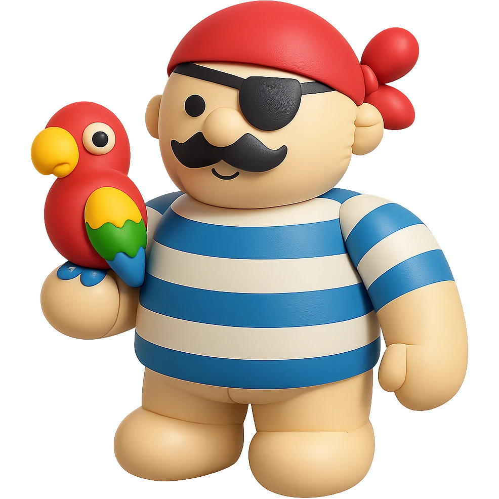 cartoon inflatable pirate with eye patch holding a parrot, colorful inflatable object style emoji