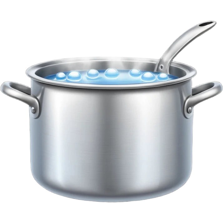 small metal pot filled with boiling water on a stove, visible hot steam and rising bubbles, realistic heat effect, shiny pot surface, bright lighting, clean white background emoji