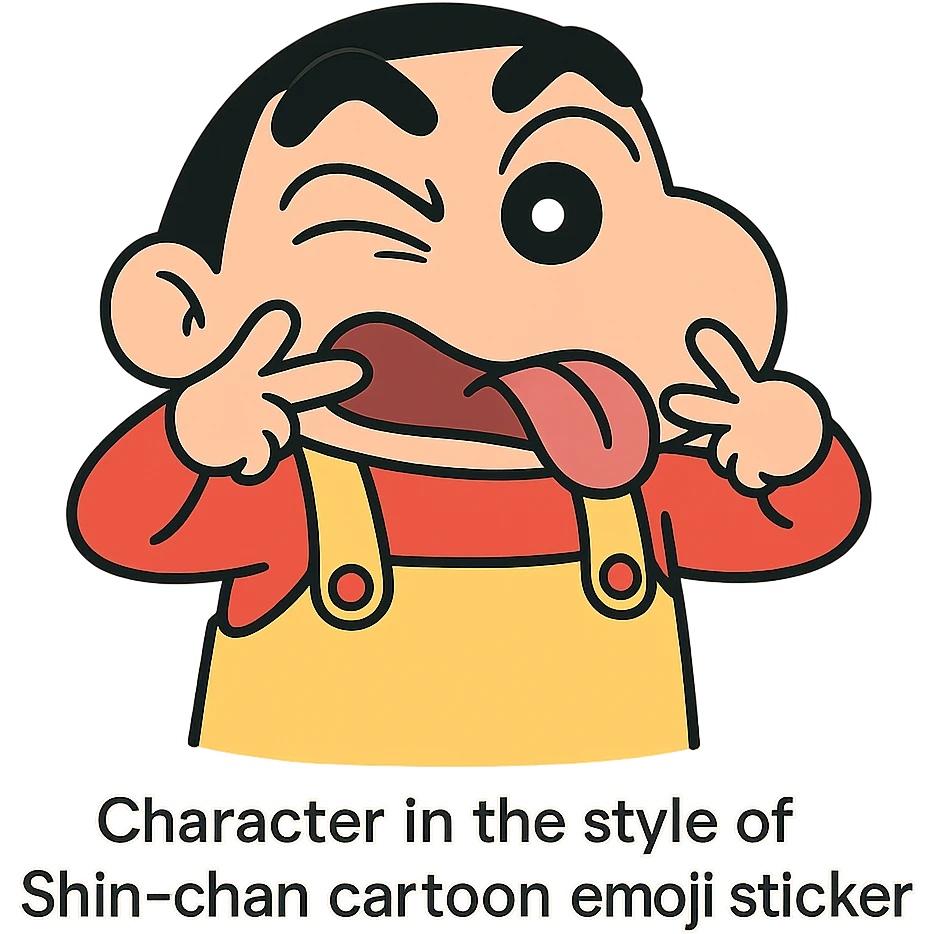 Shinchan cartoon style emoji sticker, making a funny face, iconic black hair, red shorts, yellow overalls, simple solid or gradient background, 500x500px, transparent PNG, optional brief text description emoji