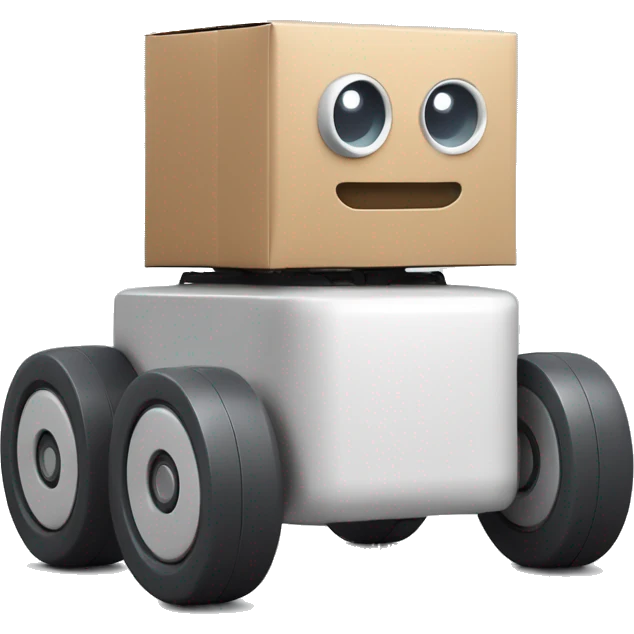 solid horizontal rectangle gray delivery robot with white circle white led eyes and opening lid on 4 wheels with food, minimalistic design emoji