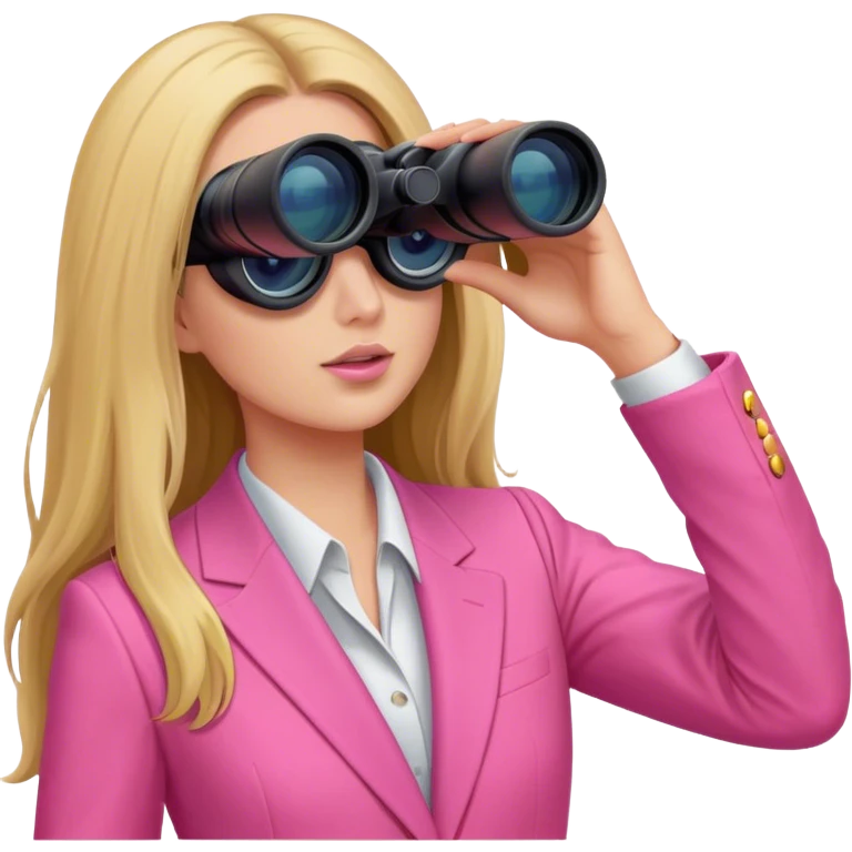 woman with long hair in an intensive color pink suit looking through binoculars, front view, upper body emoji