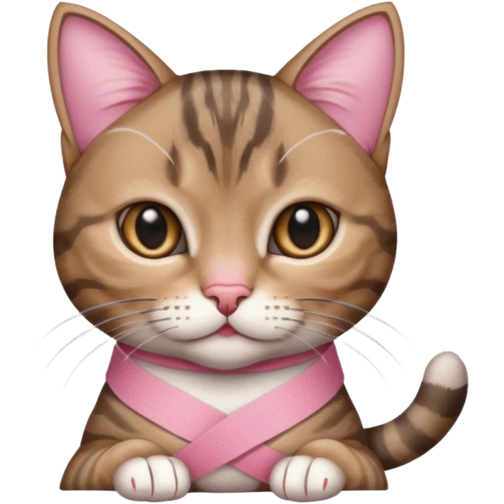 a young female brown and gray tabby cat,with a pink bandage on her front paw, ultrarealistic emoji