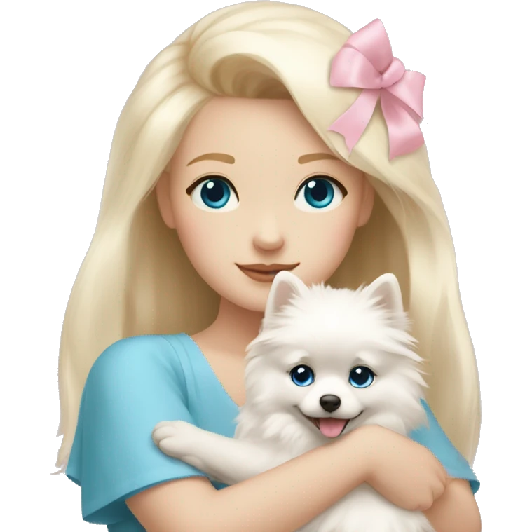 Blond girl white skin blue eyes hugging white Pomeranian with light pink bow emoji