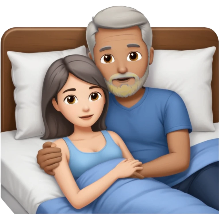 Man with grey hair and beard, and beautiful brunette woman in bed in spooning position  emoji