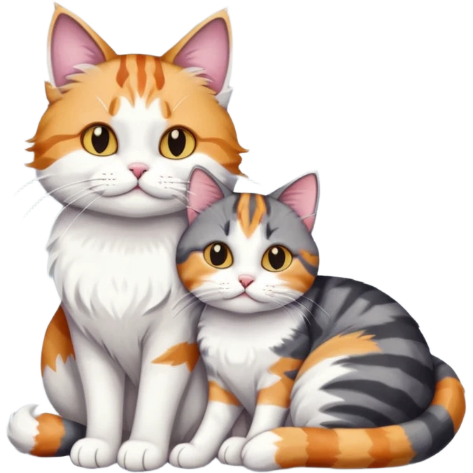 full body colourful light patched calico + white tabby cat cuddling a bigger cat that is dark grey and white tabby cat  and they are in love emoji