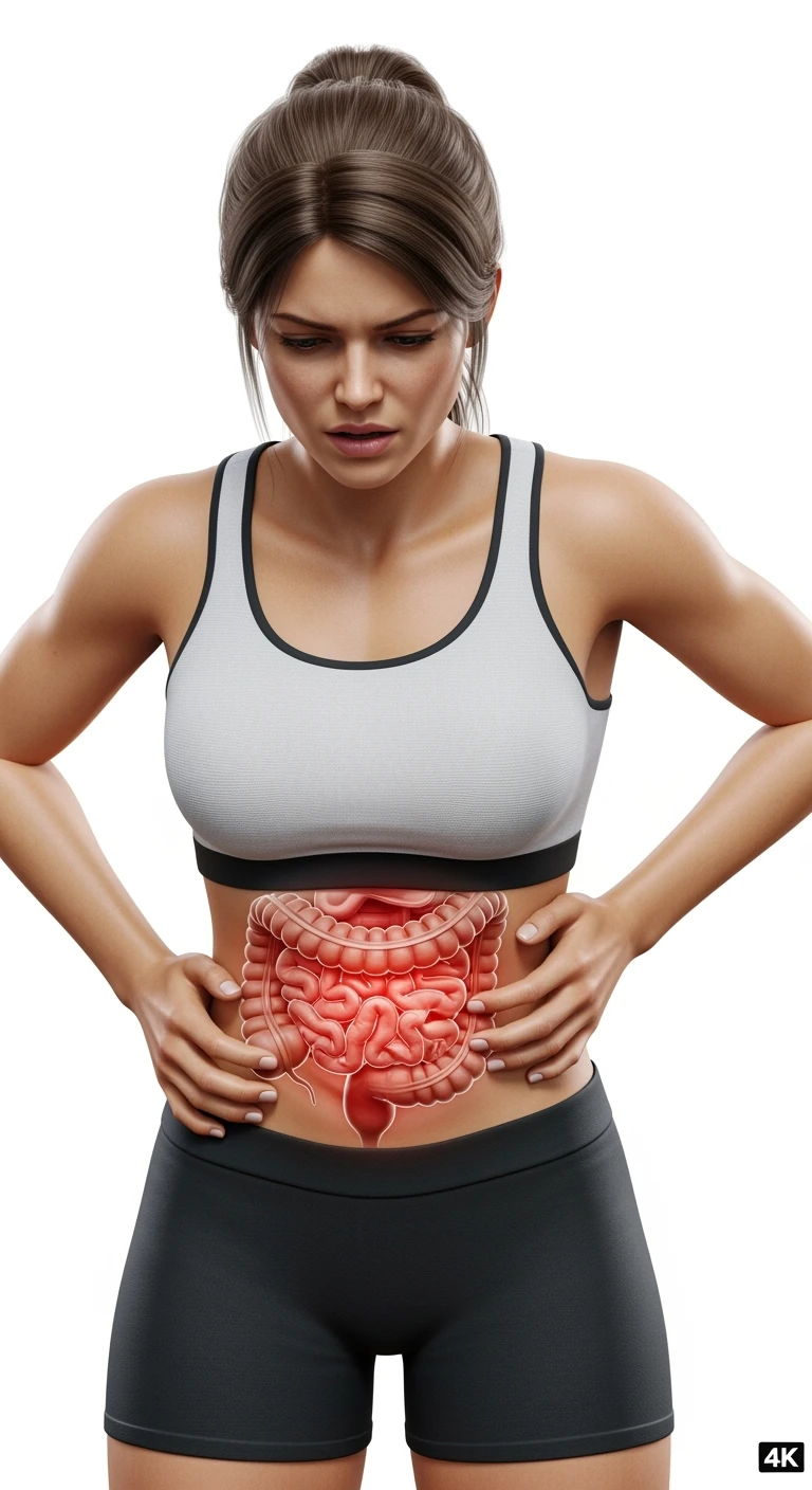 UNA DONNA REALISTICA con mal di pancia, INTESTINO ANATOMICO INFIAMMATO VISIBILE, MAL DI PANCIA, ISOLATA SU SFONDO BIANCO, IPERREALISTICA 4K emoji