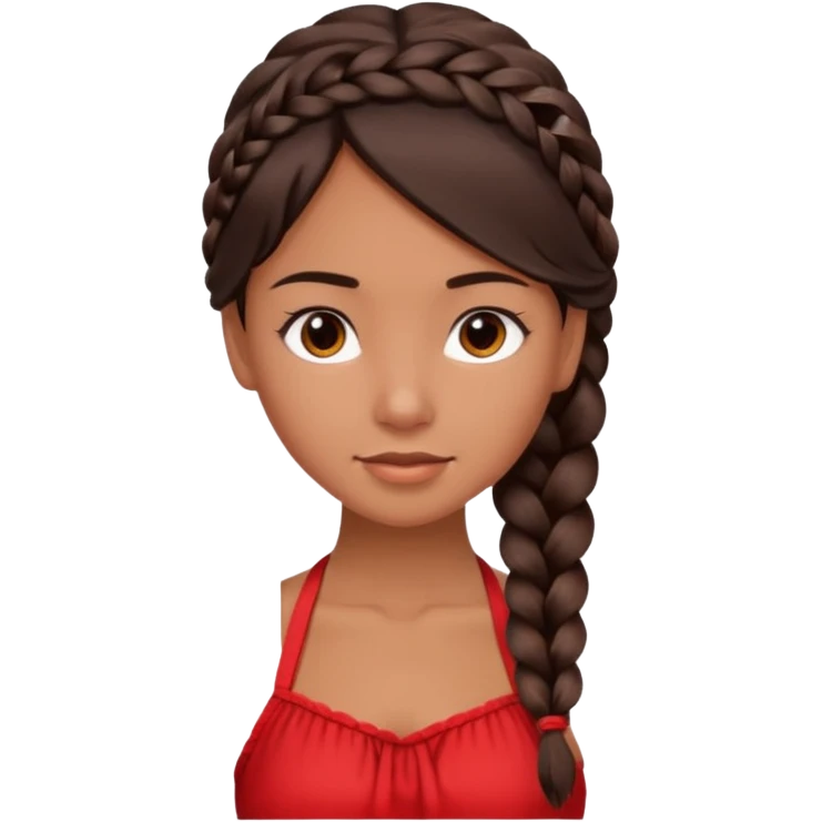 A tanned girl's face Over-the-shoulder braid dark brown hair with red halter top emoji