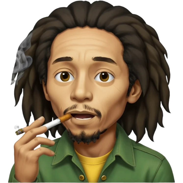 Bob Marley version cartoon fumant un jour de beuh dans la bouche avec beaucoup de fumé et un effet vraiment voyant sur son visage qu’il n’est pas dans son état normal emoji