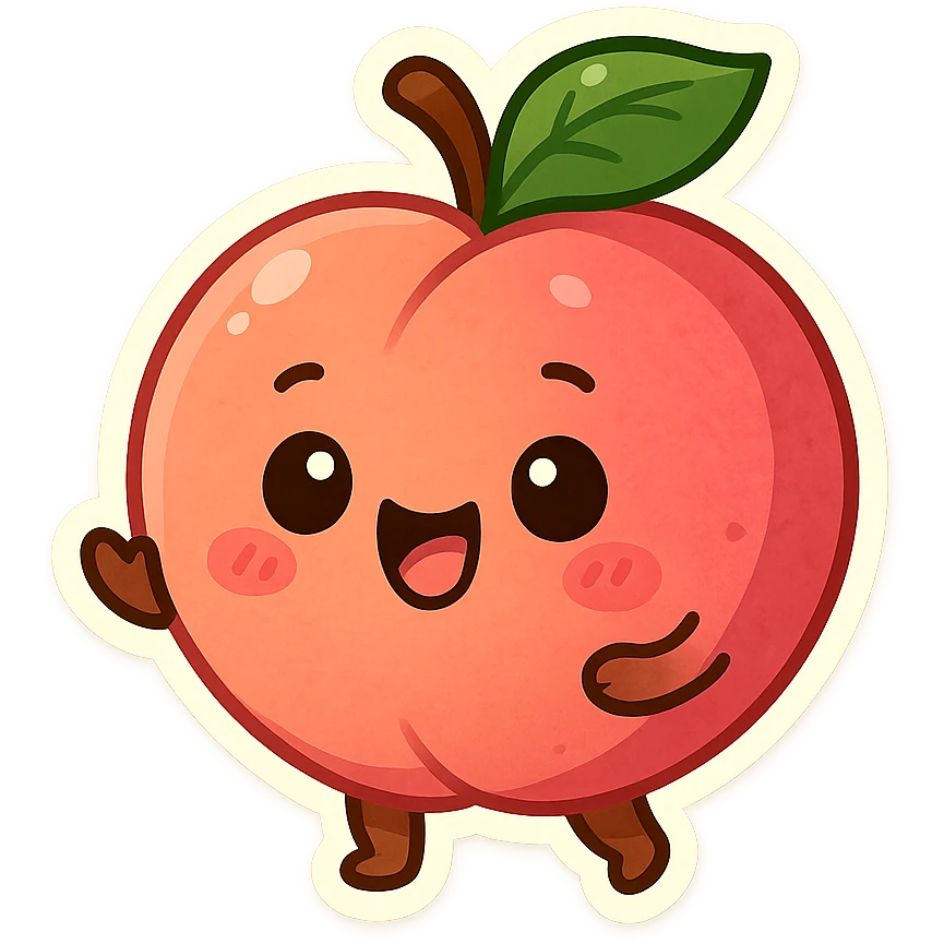 playful peach character, cute and lively, bright colors, chibi style emoji