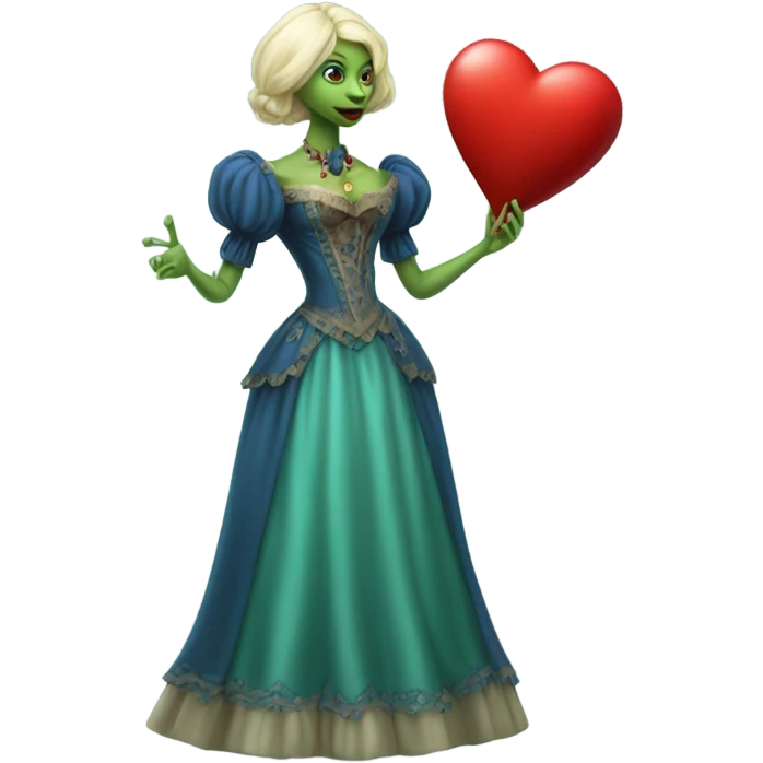 "galora green blonde alien woman" in blue Victorian dress elegant, full body, holdig red big hearth emoji