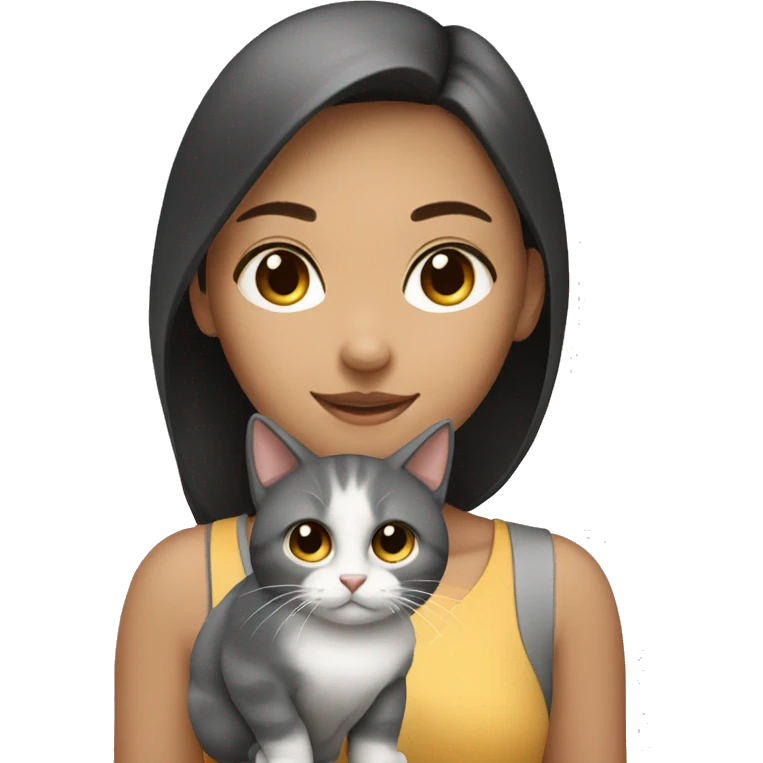 Tan round face girl with gray black white cat  emoji