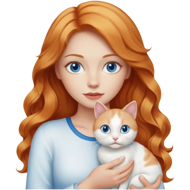 Long wavy strawberry blonde blue eyes woman with a white cat with blue eyes emoji