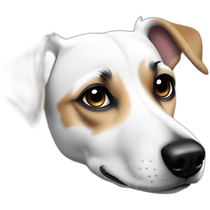 Full white jack russel with raise black ears and the left eye emoji