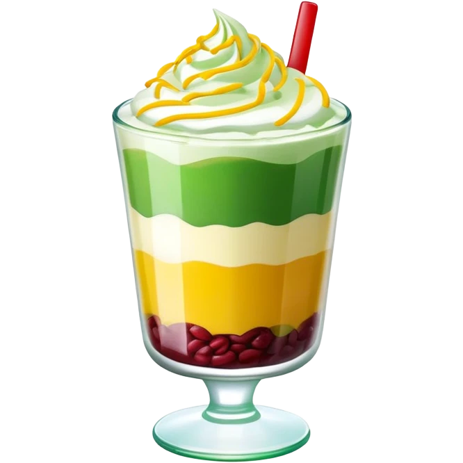 vietnamese sweet soup chè ba màu, colorful dessert in a glass, layers of green, yellow, and red beans, topped with crushed ice emoji