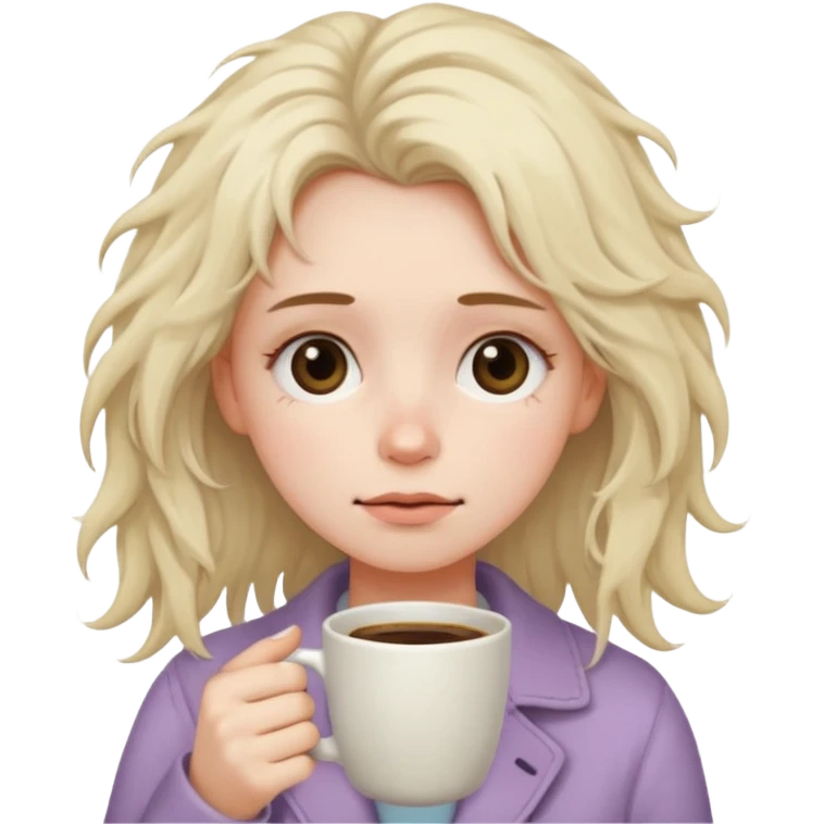 tired woman with dark circles under eyes holding a coffee cup, messy hair, soft pastel emoji style, calm neutral background emoji