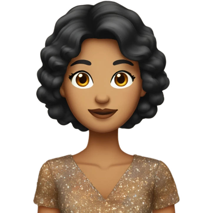 Tanned woman with black hair wearing 1970s style dress and hair emoji