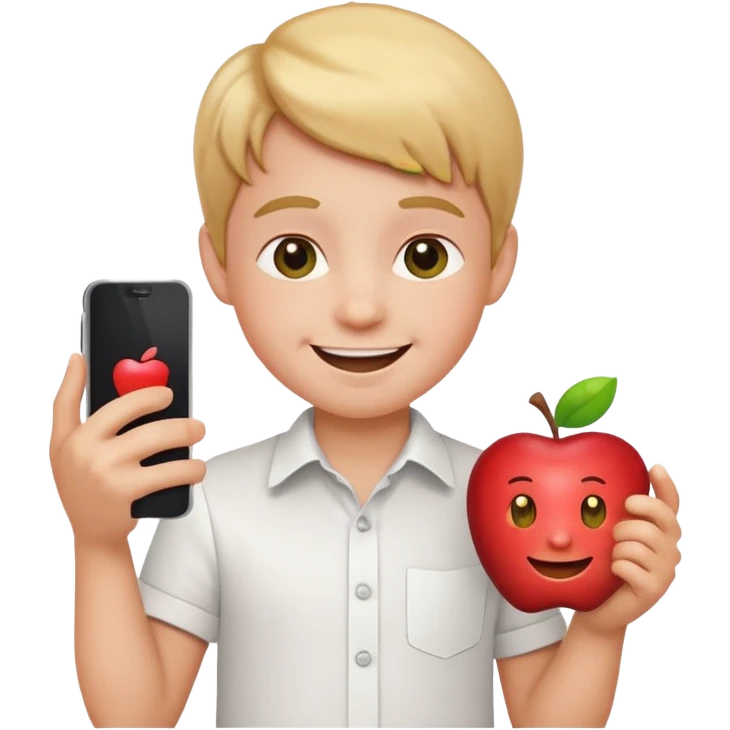 happy little kid with a phone, white shirt, apple style emoji emoji